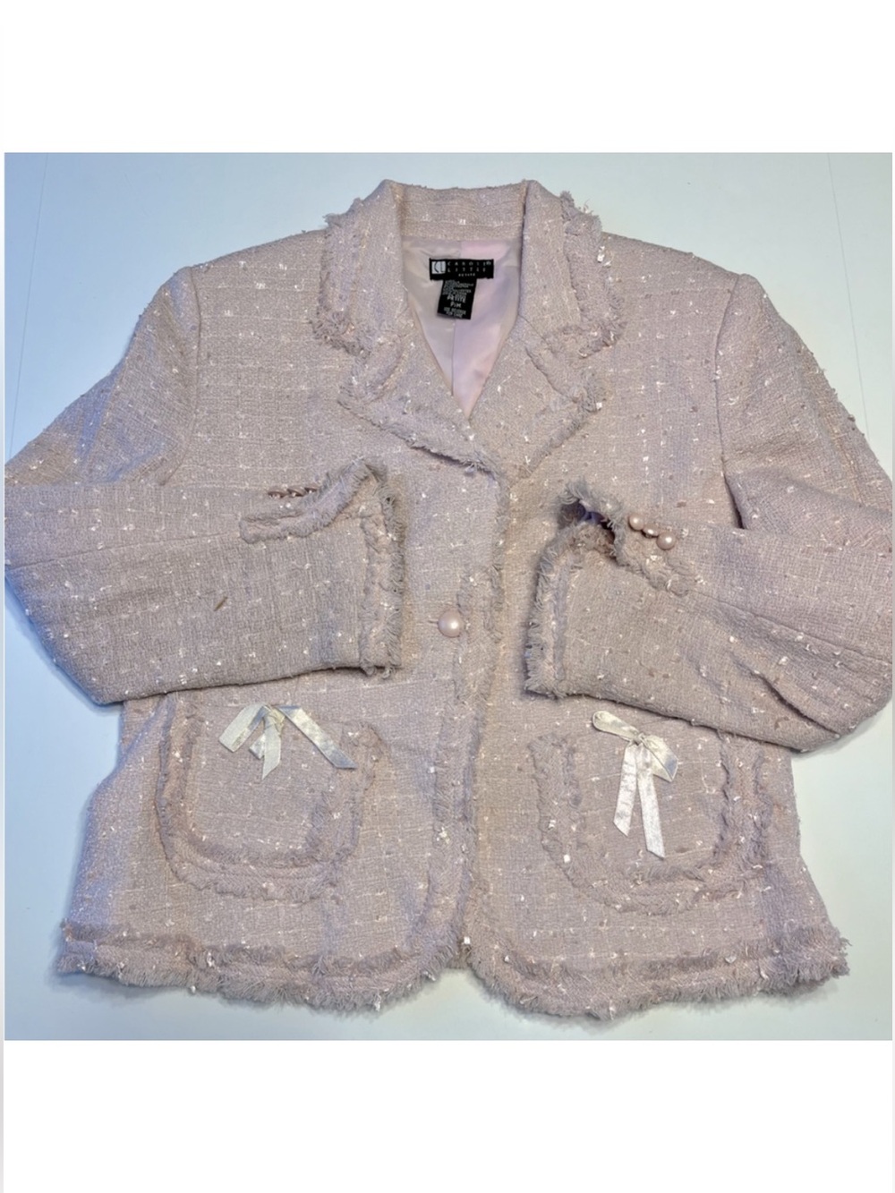 Carole Little Vintage Pink Silk Tweed Button Front Bow Cropped Blazer PM
